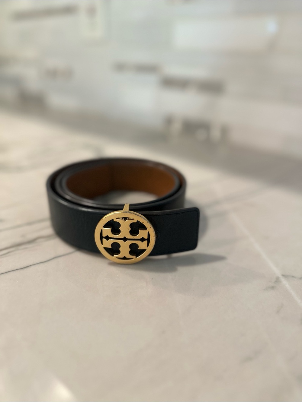 Tory Burch Reversible Black Leather Belt with Gold Logo Medallion